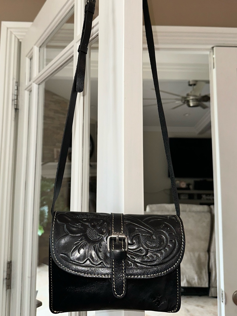 Patricia Hash - Black Tooled Leather Crossbody Bag (Handheld wallet size).